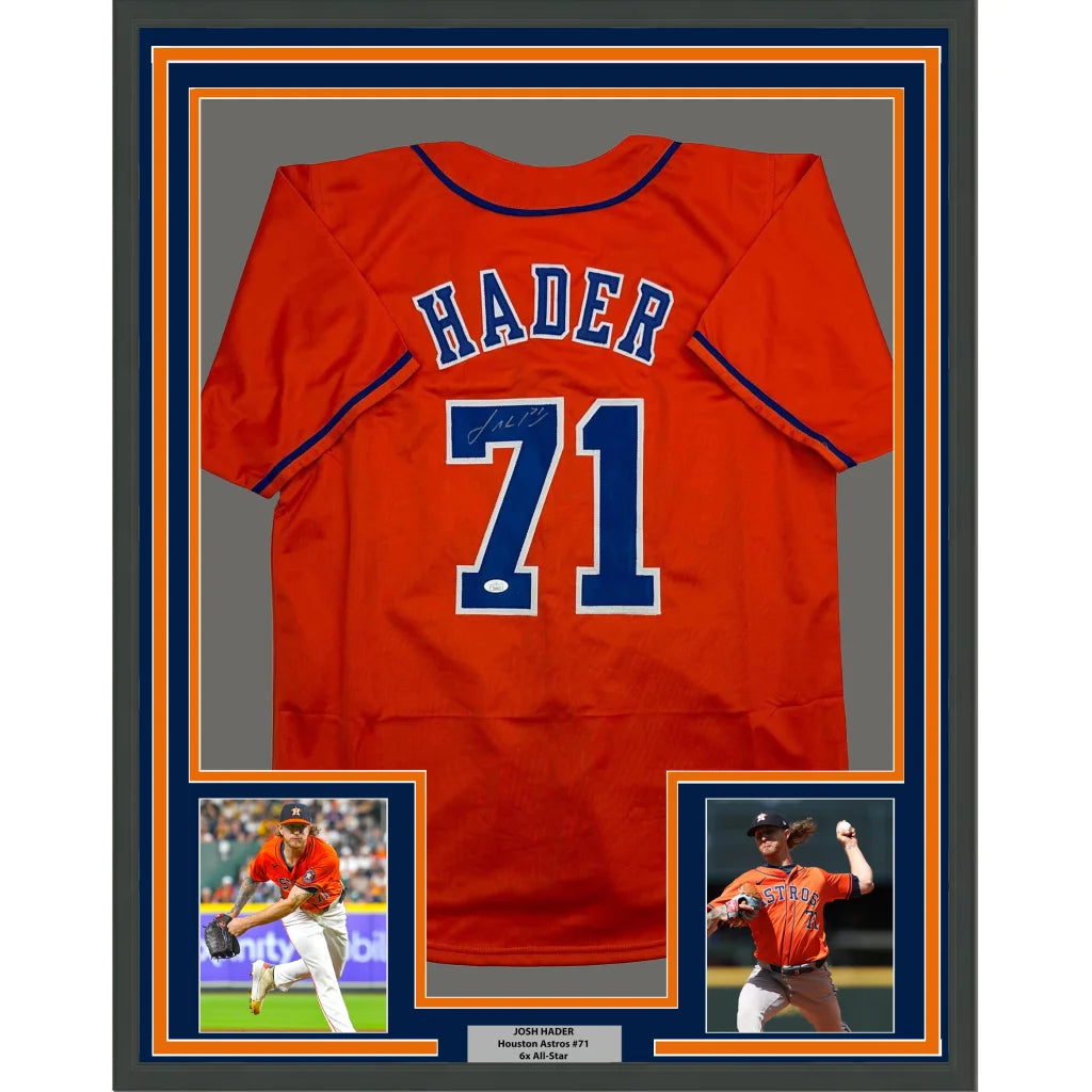 Framed Autographed Josh Hader 35x39 Houston Orange Baseball Jersey JSA COA | Hall of Fame Sports Memorabilia | vintageantiquesgifts.com