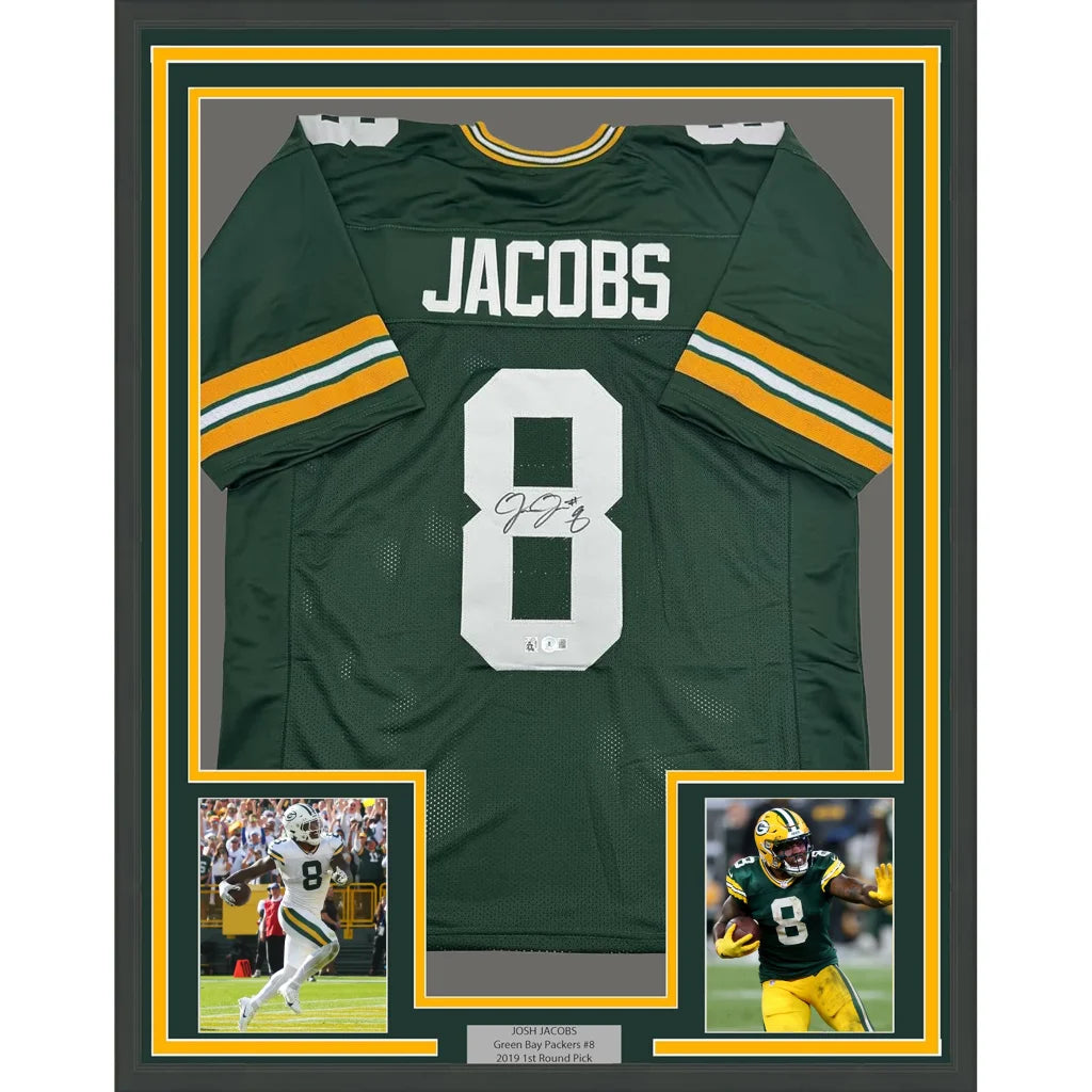 Framed Autographed Josh Jacobs 35x39 Green Bay Green Football Jersey Beckett BAS COA | Hall of Fame Sports Memorabilia | vintageantiquesgifts.com