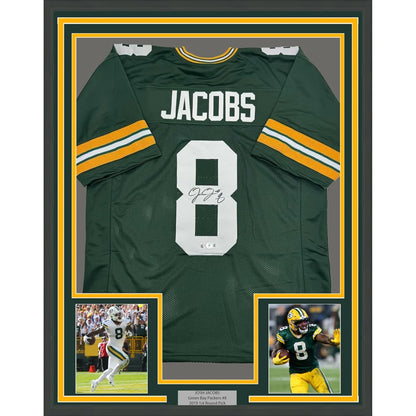 Framed Autographed Josh Jacobs 35x39 Green Bay Green Football Jersey Beckett BAS COA | Hall of Fame Sports Memorabilia | vintageantiquesgifts.com