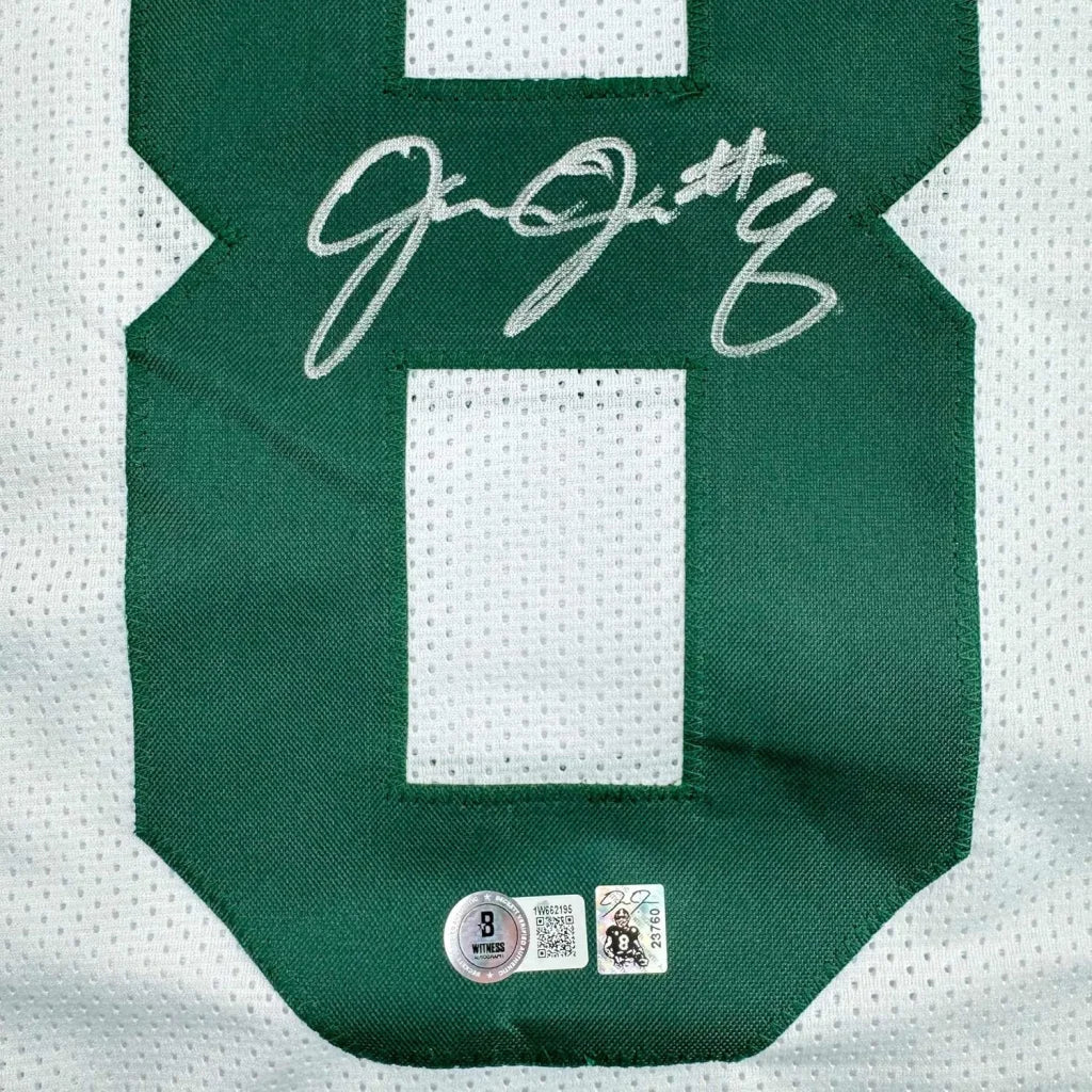Framed Autographed Josh Jacobs 35x39 Green Bay White Football Jersey Beckett BAS COA | Certified Authentic Signed Memorabilia | vintageantiquesgifts.com