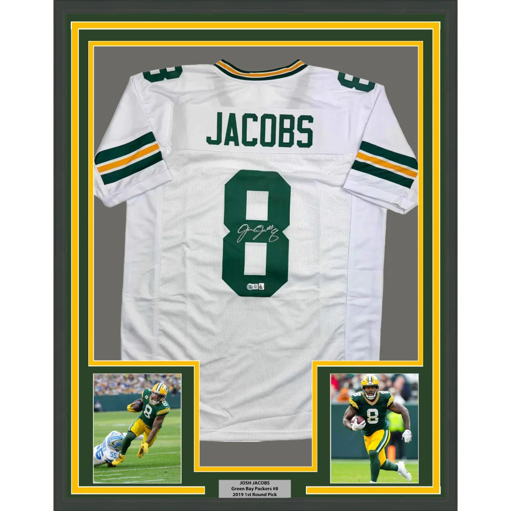 Framed Autographed Josh Jacobs 35x39 Green Bay White Football Jersey Beckett BAS COA | Hall of Fame Sports Memorabilia | vintageantiquesgifts.com
