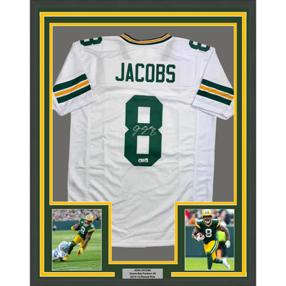 Framed Autographed Josh Jacobs 35x39 Green Bay White Football Jersey Beckett BAS COA | Hall of Fame Sports Memorabilia | vintageantiquesgifts.com