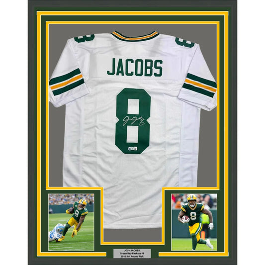 Framed Autographed Josh Jacobs 35x39 Green Bay White Football Jersey Beckett BAS COA | Hall of Fame Sports Memorabilia | vintageantiquesgifts.com