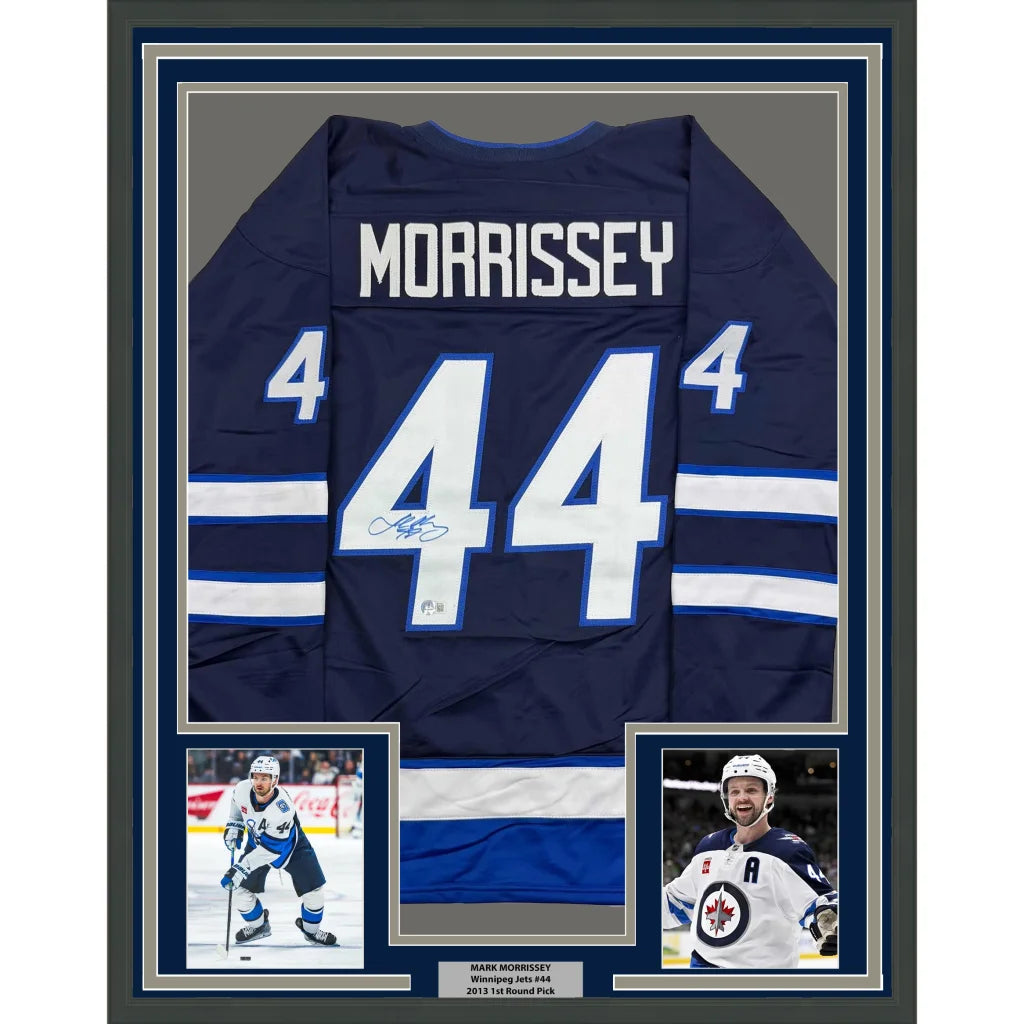 Framed Autographed Josh Morrissey 35x39 Winnipeg Blue Hockey Jersey Beckett BAS COA | Hall of Fame Sports Memorabilia | vintageantiquesgifts.com
