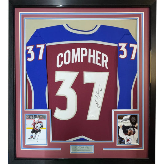 Framed autographed J.T. Compher Colorado Avalanche jersey with player cards for sale
