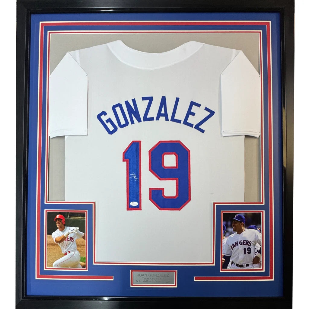 Framed autographed Juan Gonzalez Texas Rangers white jersey back, Gonzalez 19, JSA COA