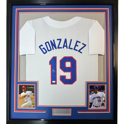 Framed autographed Juan Gonzalez Texas Rangers white jersey back, Gonzalez 19, JSA COA