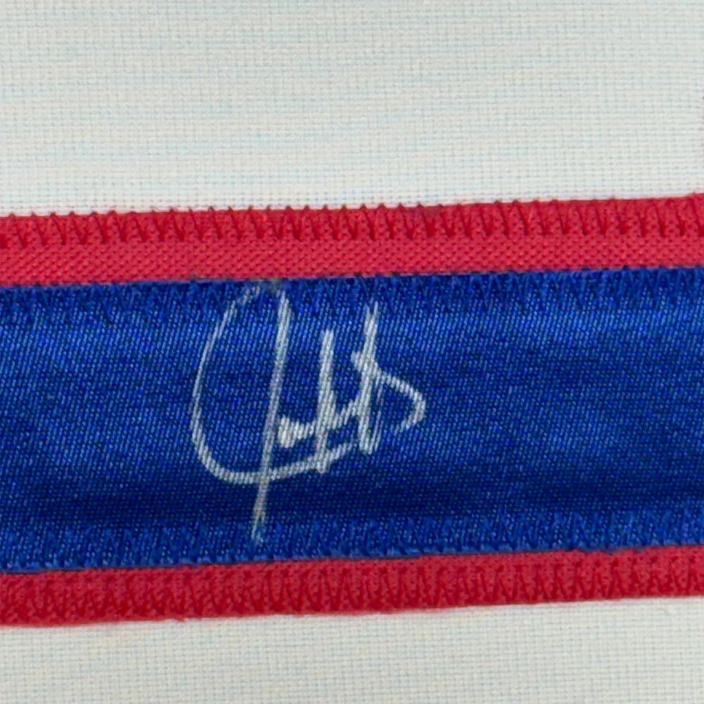 White Juan Gonzalez stitched signature on blue red striped jersey band