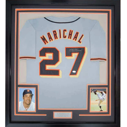 Light gray san francisco baseball jersey with marichal 27 in black outlined in orange framed as collectible display