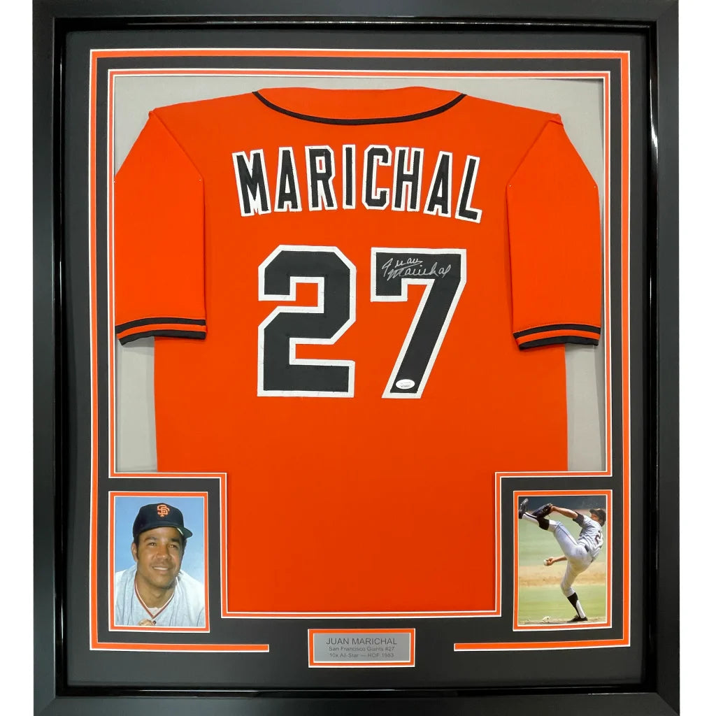Framed autographed orange san francisco giants baseball jersey with black marichal 27 lettering signed by juan marichal back side