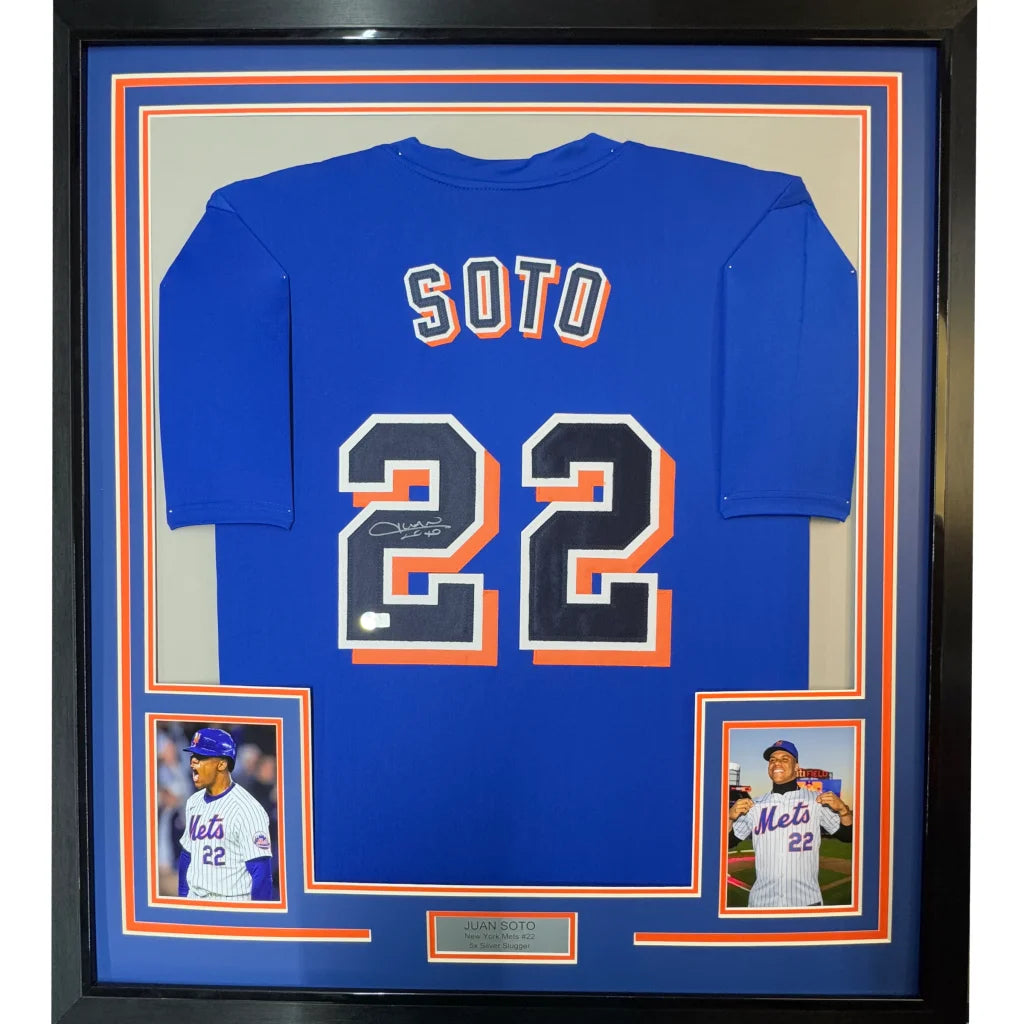Juan Soto autographed York Blue jersey with Soto 22 in white and orange lettering
