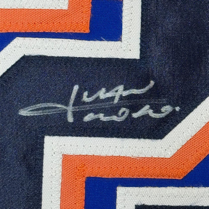 Framed autographed Juan Soto custom jersey in navy blue geometric fabric