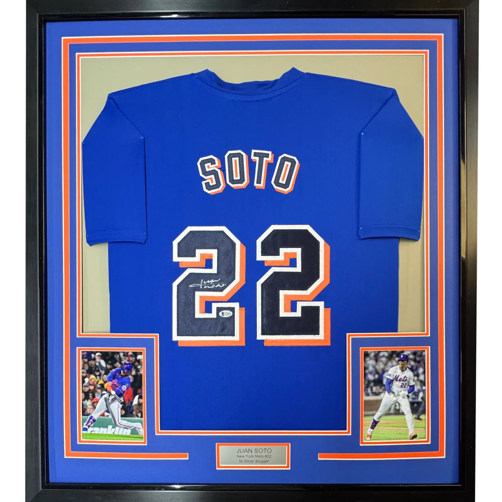 Framed autographed Juan Soto custom New York Mets blue jersey with Soto 22