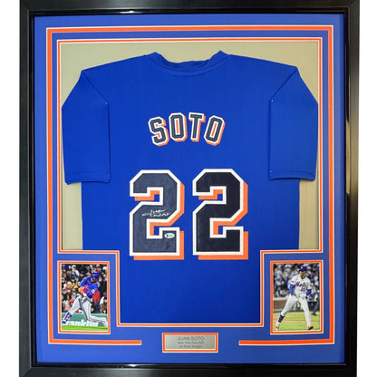 Framed autographed Juan Soto custom New York Mets blue jersey with Soto 22