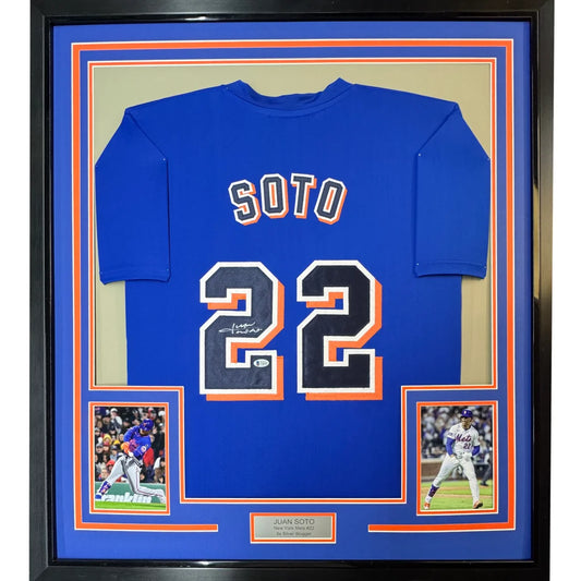 Framed autographed Juan Soto custom New York Mets blue jersey with Soto 22