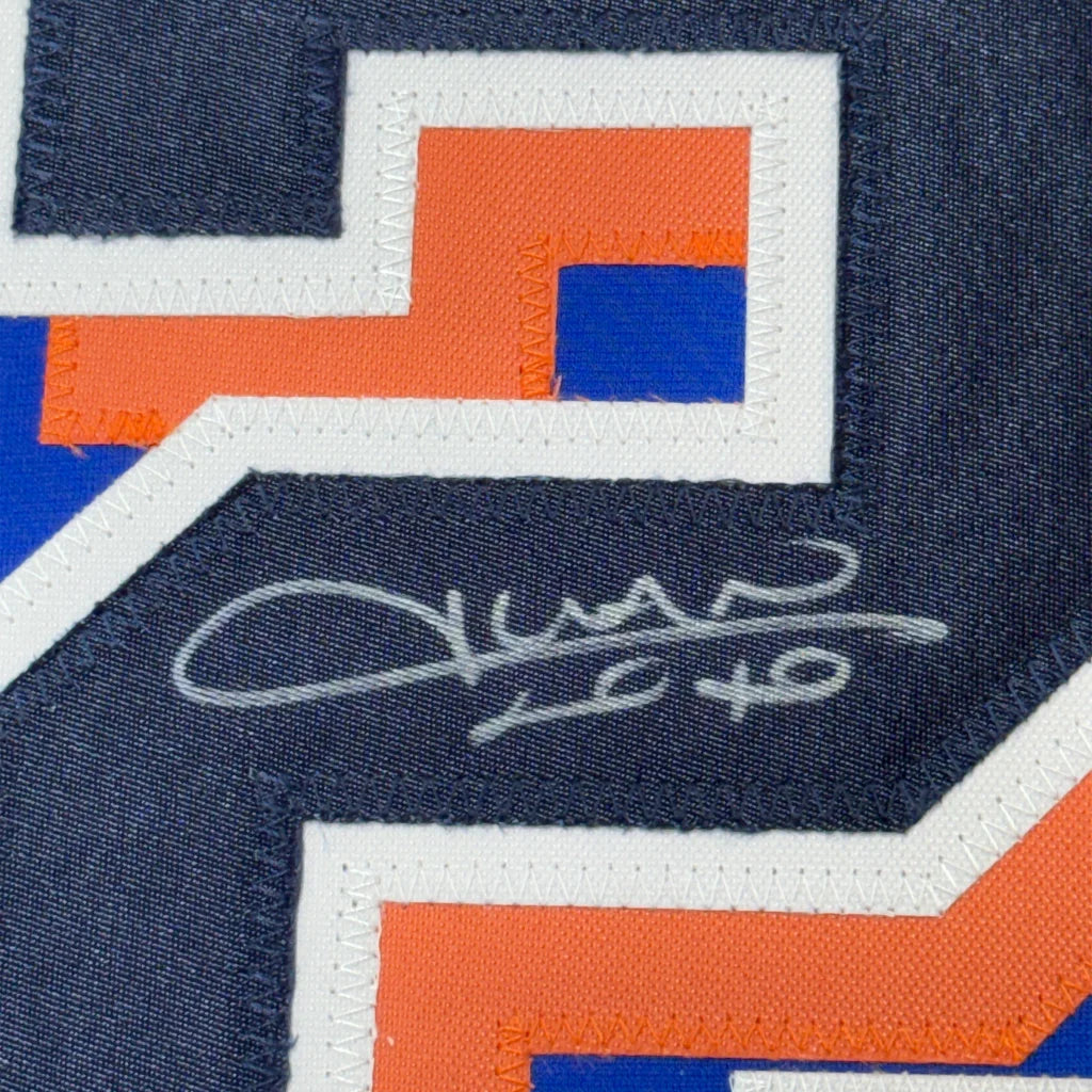 Juan Soto autographed collectible York Blue jersey with blue and orange football jersey and autograph
