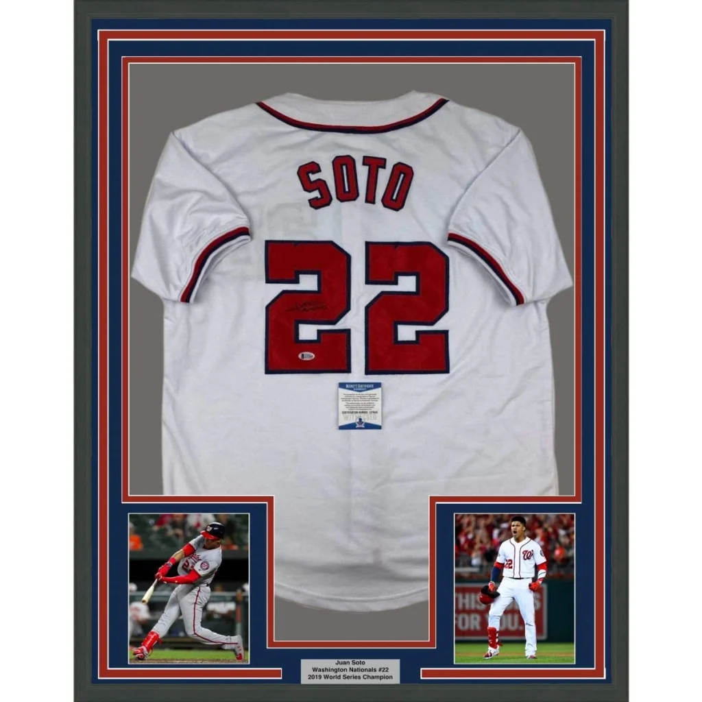 Back side of a white washington baseball jersey with red soto lettering and number 22 autographed and framed