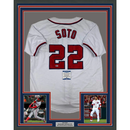 Back side of a white washington baseball jersey with red soto lettering and number 22 autographed and framed