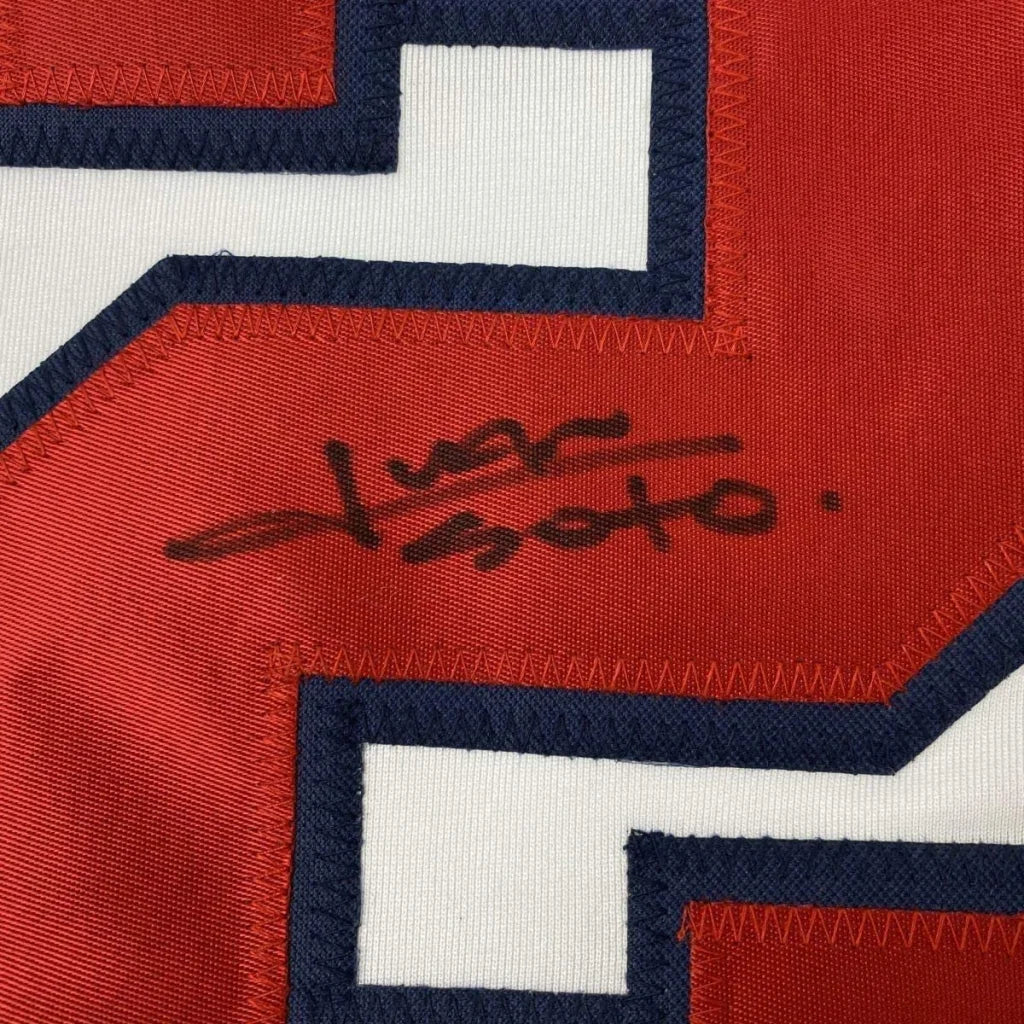 Framed autographed red white and navy blue washington white baseball jersey with black ink signature by juan soto