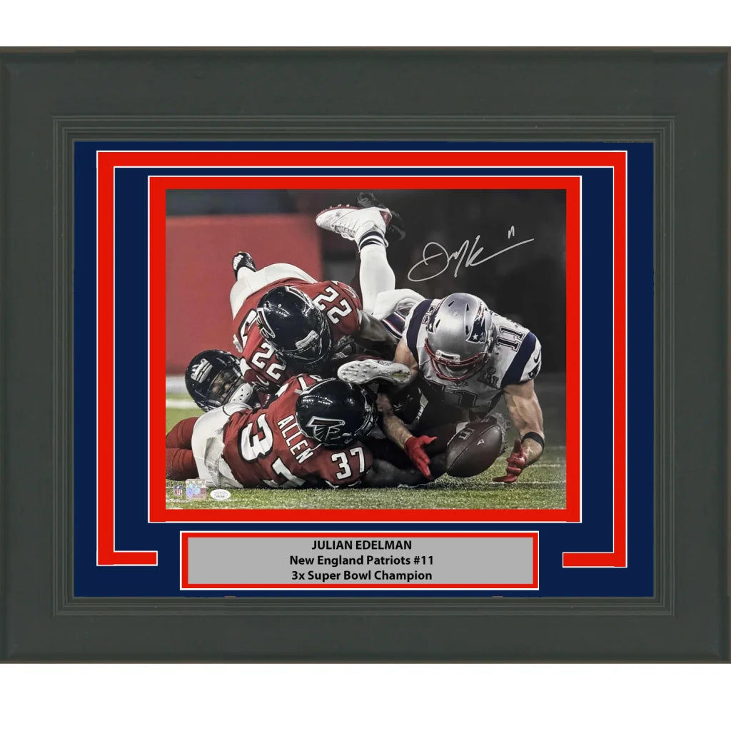 Framed Julian Edelman autographed photo with JSA COA perfect for your man cave