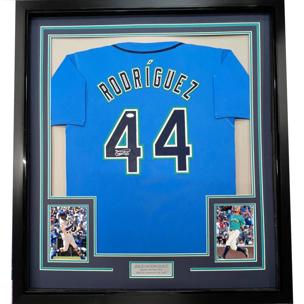 Framed autographed Julio Rodriguez Seattle light blue jersey with Rodriguez 44