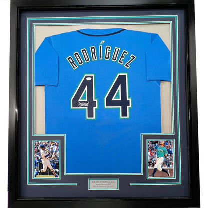 Framed autographed Julio Rodriguez Seattle light blue jersey with Rodriguez 44