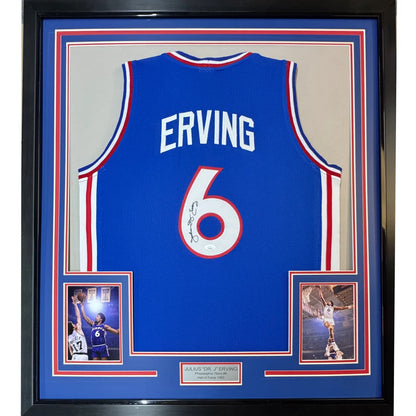Framed Autographed Julius Erving Dr. J 35x39 Philadelphia Blue Basketball Jersey JSA COA | Hall of Fame Sports Memorabilia | vintageantiquesgifts.com