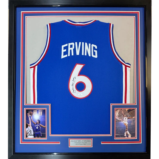 Framed Autographed Julius Erving Dr. J 35x39 Philadelphia Blue Basketball Jersey JSA COA | Hall of Fame Sports Memorabilia | vintageantiquesgifts.com