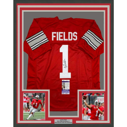 Back side of framed autographed ohio state red football jersey with white number one fields and silver sleeve stripes