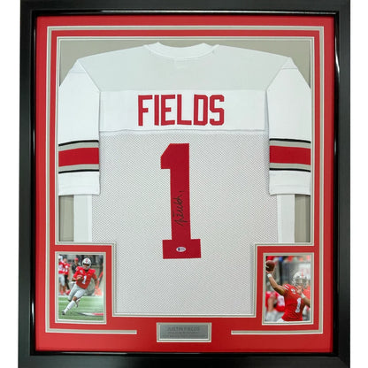 Framed autographed ohio state white and red football jersey with fields name and number 1 signed by justin fields