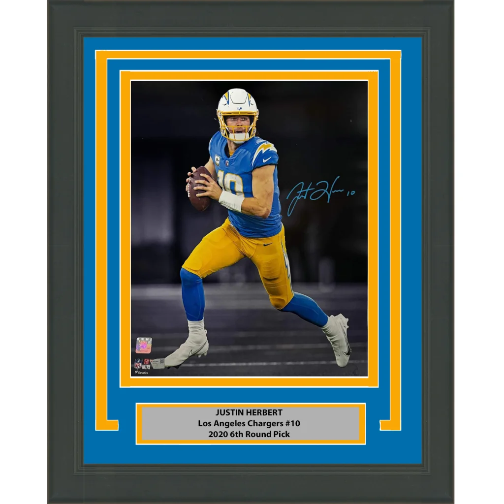 Framed Autographed Justin Herbert Los Angeles Chargers 16x20 Football Photo Fanatics COA | Hall of Fame Sports Memorabilia | vintageantiquesgifts.com