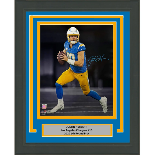 Framed Autographed Justin Herbert Los Angeles Chargers 16x20 Football Photo Fanatics COA | Hall of Fame Sports Memorabilia | vintageantiquesgifts.com