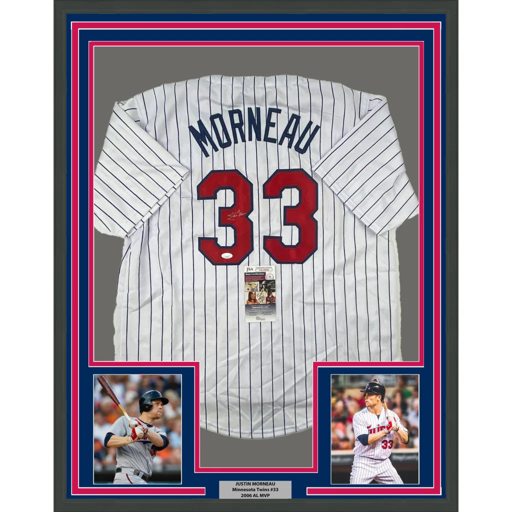 Framed Justin Morneau signed baseball jersey with player photos display