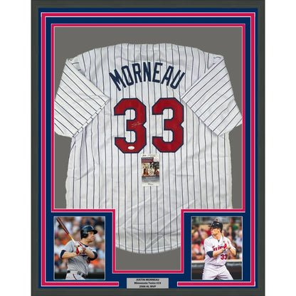 Framed Justin Morneau signed baseball jersey with player photos display