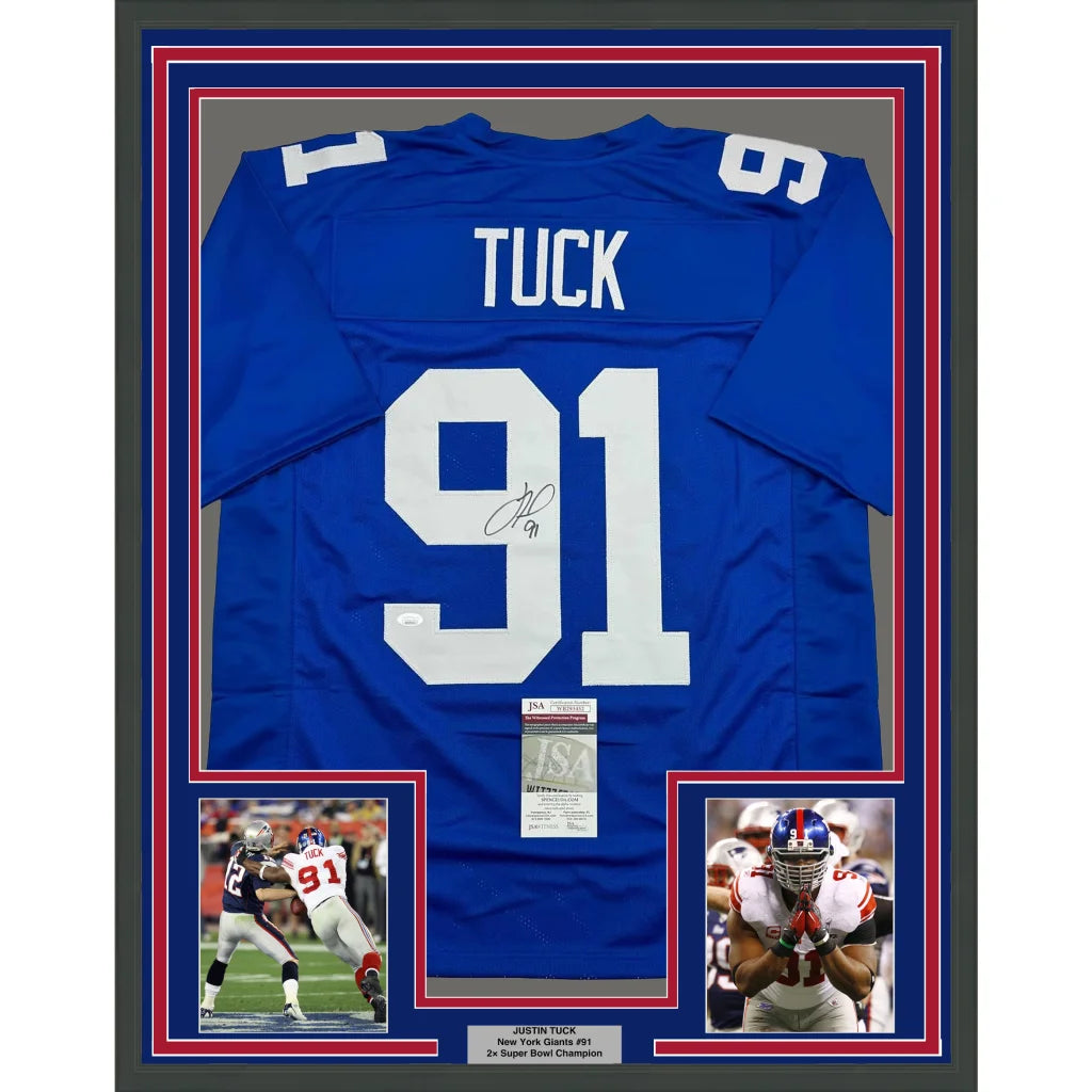 Autographed Blue Football Jersey TUCK 91 with Photos and Certificate of Authenticity