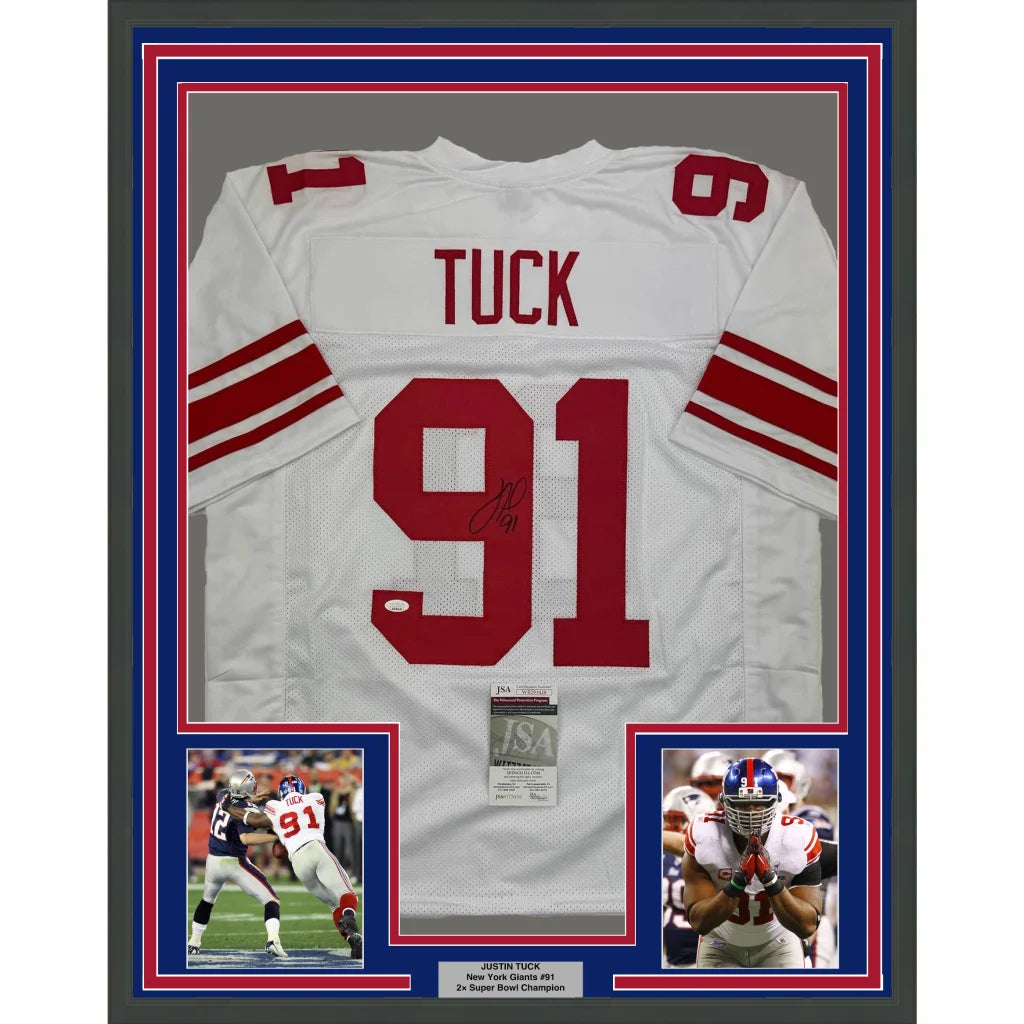 Professionally framed autographed white football jersey with player photos and certificate