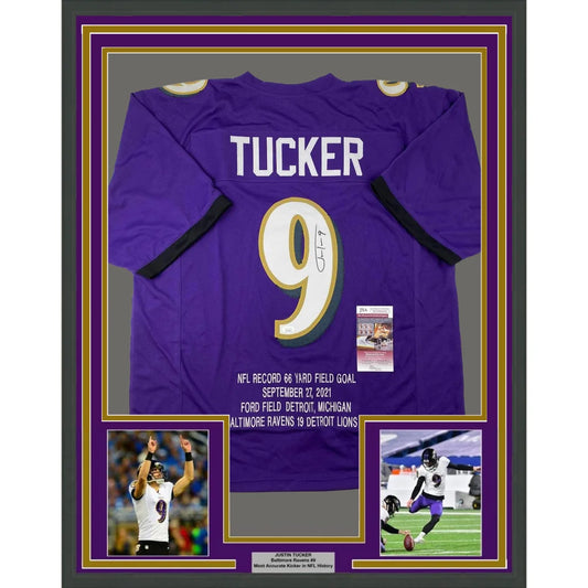 Framed signed Justin Tucker purple Ravens jersey back with white gold number 9 JSA COA