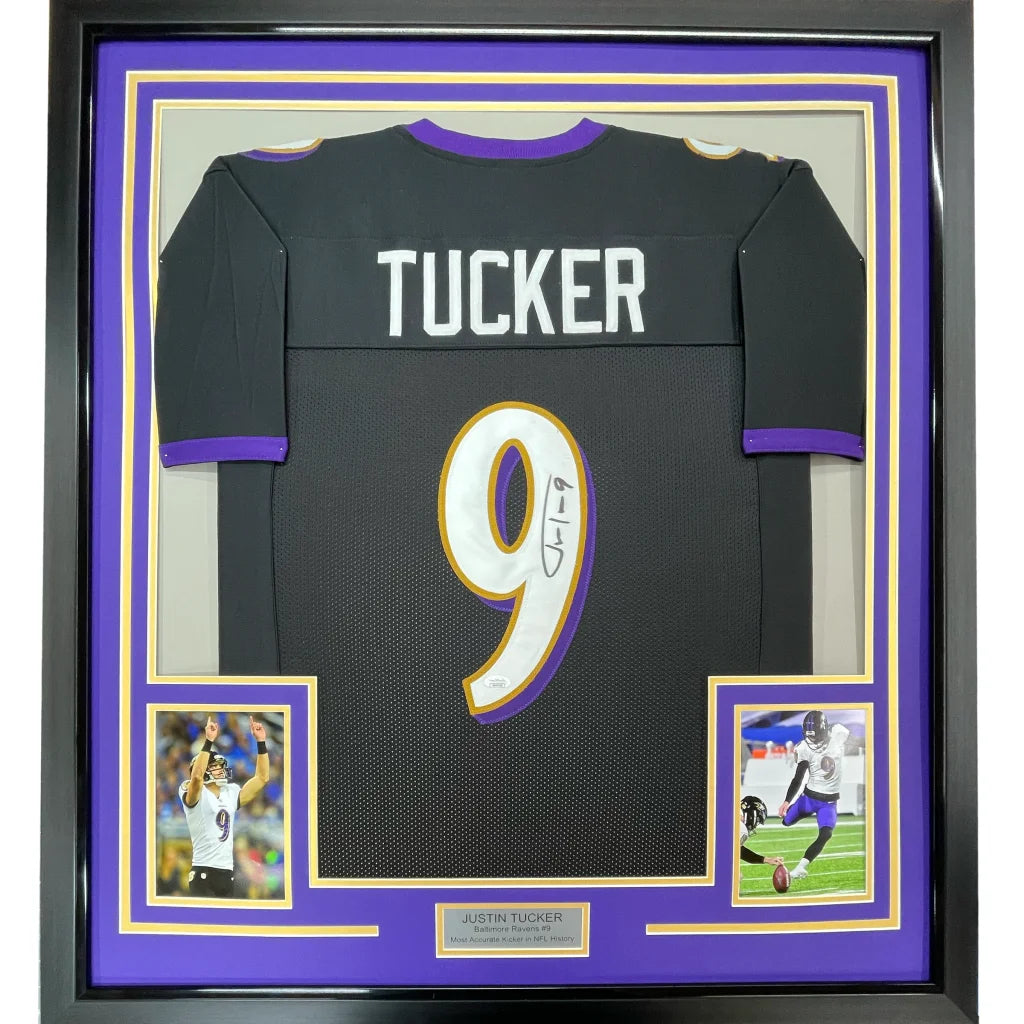 Framed autographed black Baltimore Ravens Justin Tucker jersey with Tucker 9