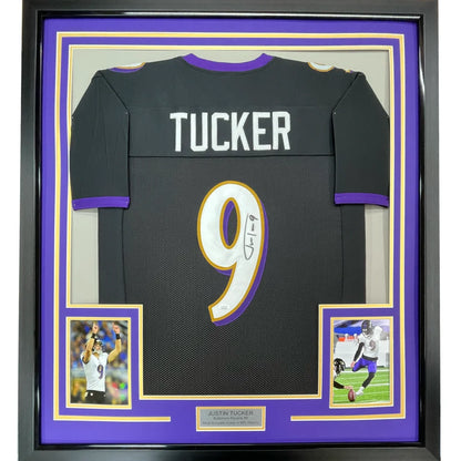 Framed autographed black Baltimore Ravens Justin Tucker jersey with Tucker 9