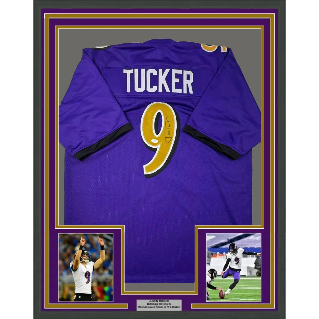 Framed Autographed Justin Tucker 35x39 Baltimore Purple Color Rush Football Jersey JSA COA | Hall of Fame Sports Memorabilia | vintageantiquesgifts.com