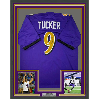 Framed Autographed Justin Tucker 35x39 Baltimore Purple Color Rush Football Jersey JSA COA | Hall of Fame Sports Memorabilia | vintageantiquesgifts.com
