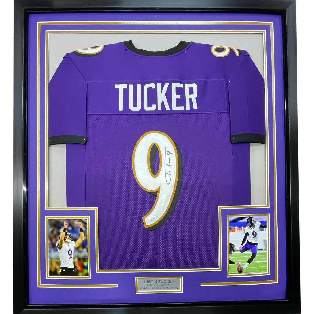 Autographed Justin Tucker Ravens jersey with player photos in a museum frame