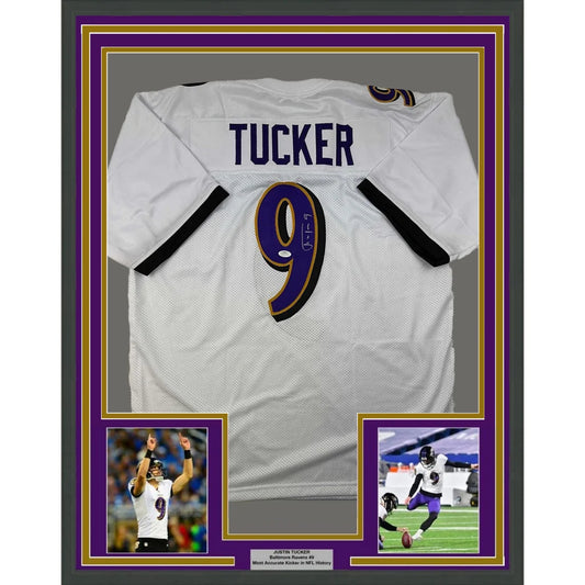 Framed autographed Justin Tucker Baltimore Ravens white jersey with Tucker 9