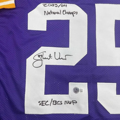 Framed autographed LSU purple jersey back with Shaun Alexander signed 20