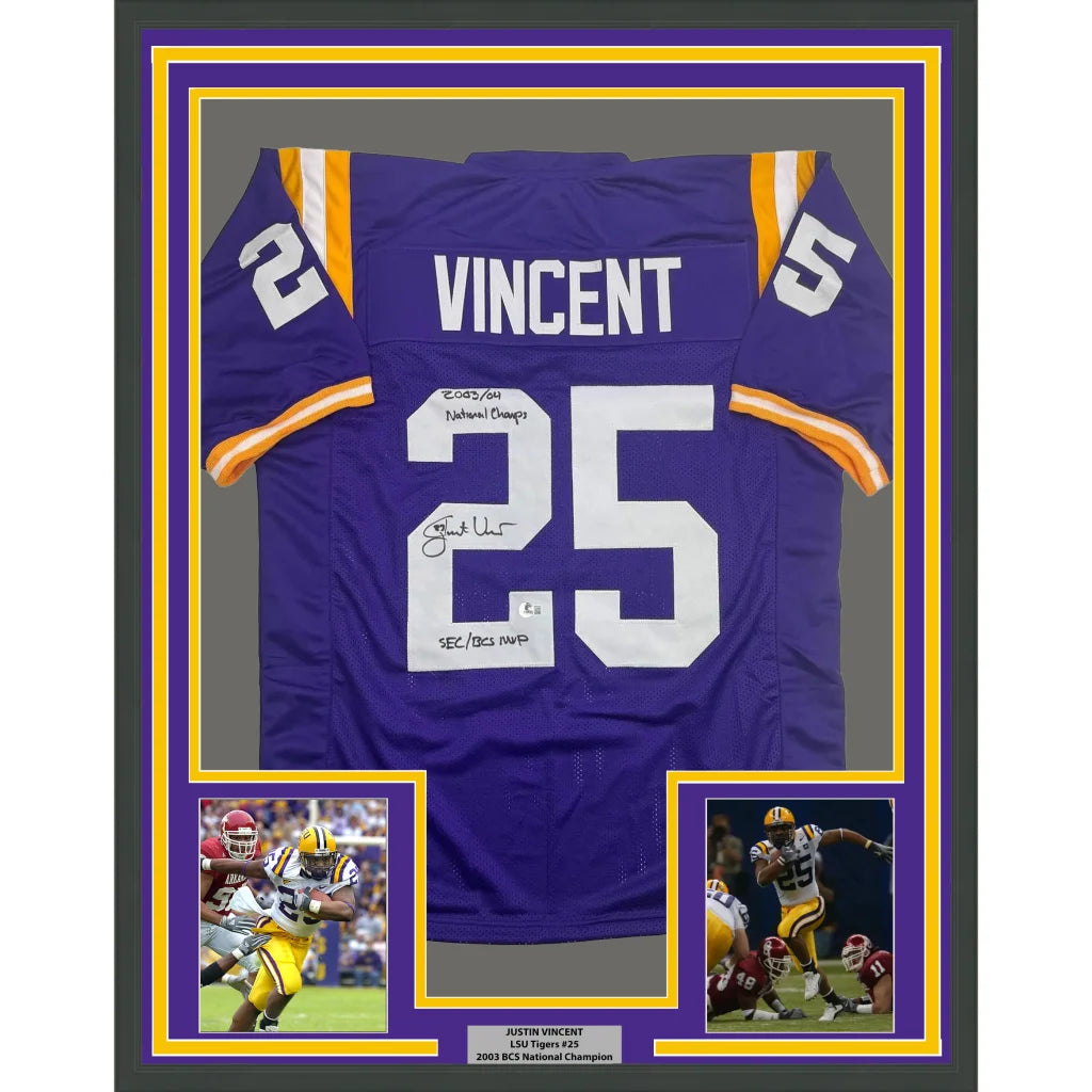 Framed autographed LSU purple Tigers jersey back Vincent 25