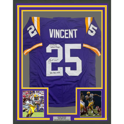 Framed autographed LSU purple Tigers jersey back Vincent 25