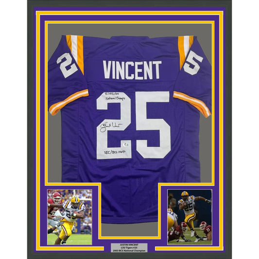 Framed Autographed Justin Vincent 35x39 LSU Purple College Football Jersey Beckett BAS COA | Hall of Fame Sports Memorabilia | vintageantiquesgifts.com