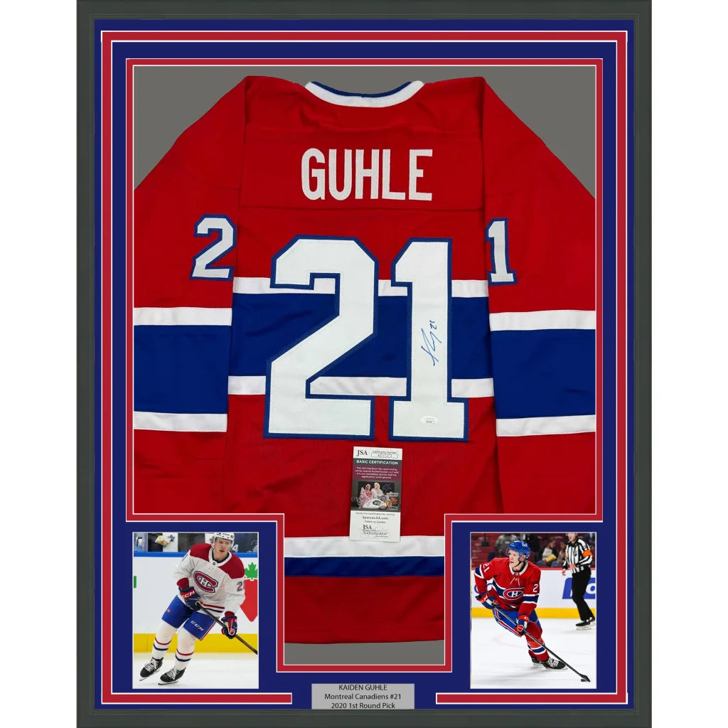 Framed autographed red Montreal Canadiens jersey with Guhle 21, JSA COA