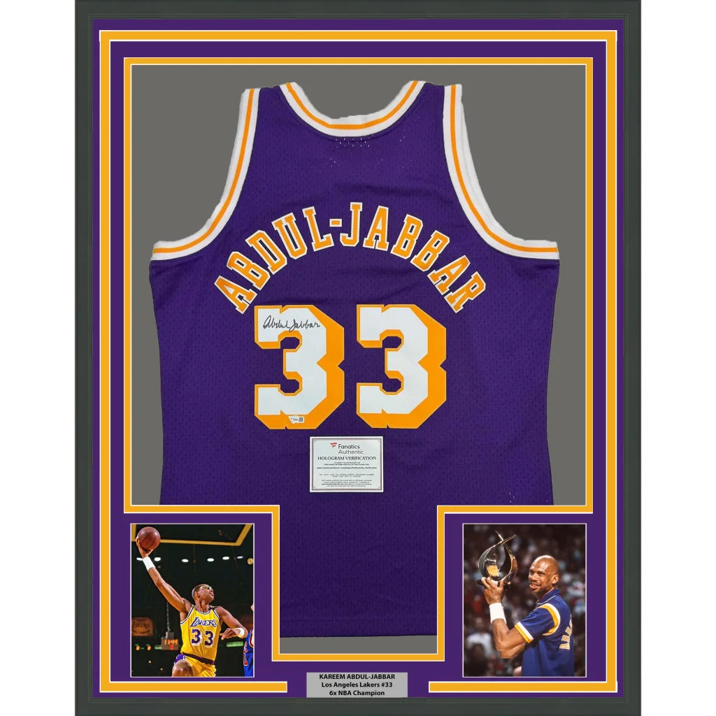 Professionally framed Kareem Abdul-Jabbar Lakers jersey 35x39 inches for man cave display