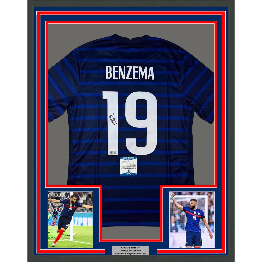 Framed signed Karim Benzema France blue soccer jersey with Beckett COA